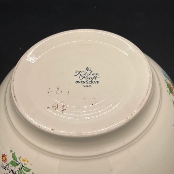 RARE Vintage Kitchen Kraft by HLC Doll\'s House Pattern Mixing Bowl with Gold Rim